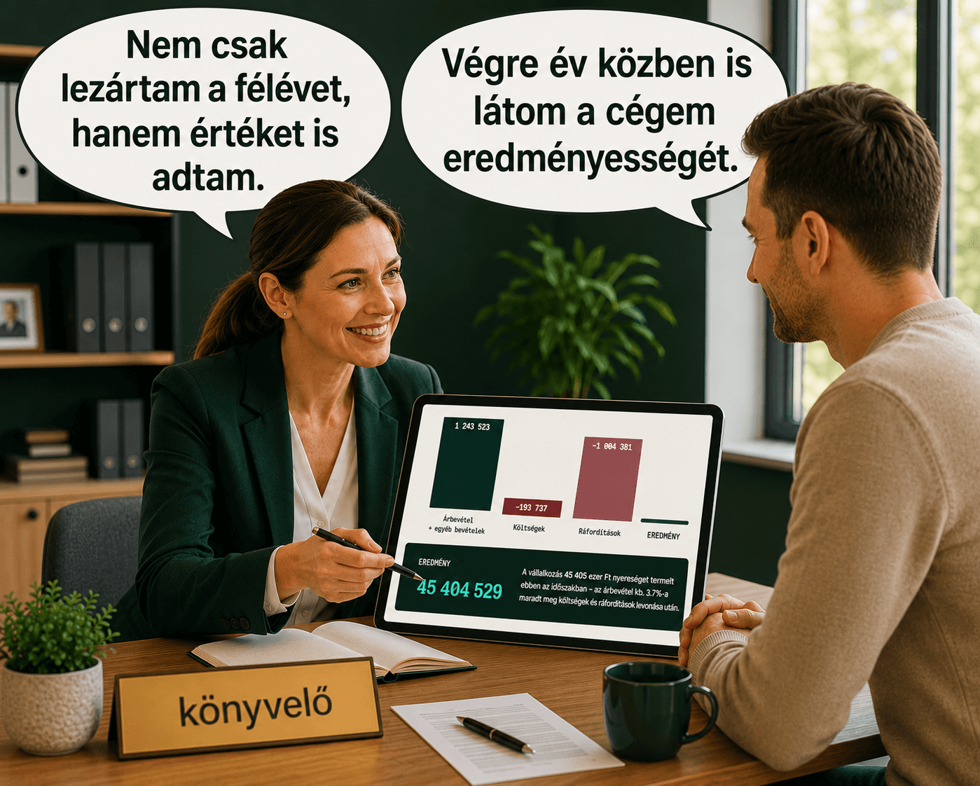 Könyvelő és cégvezető a vezetői riportot nézik